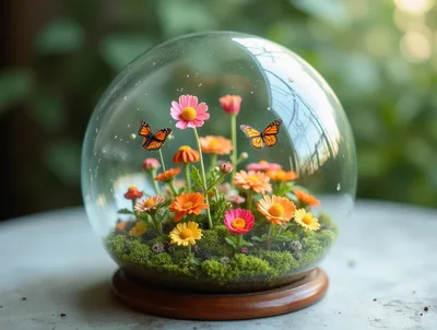 Glass Terrarium With Colorful Flowers And Monarch Butterflies