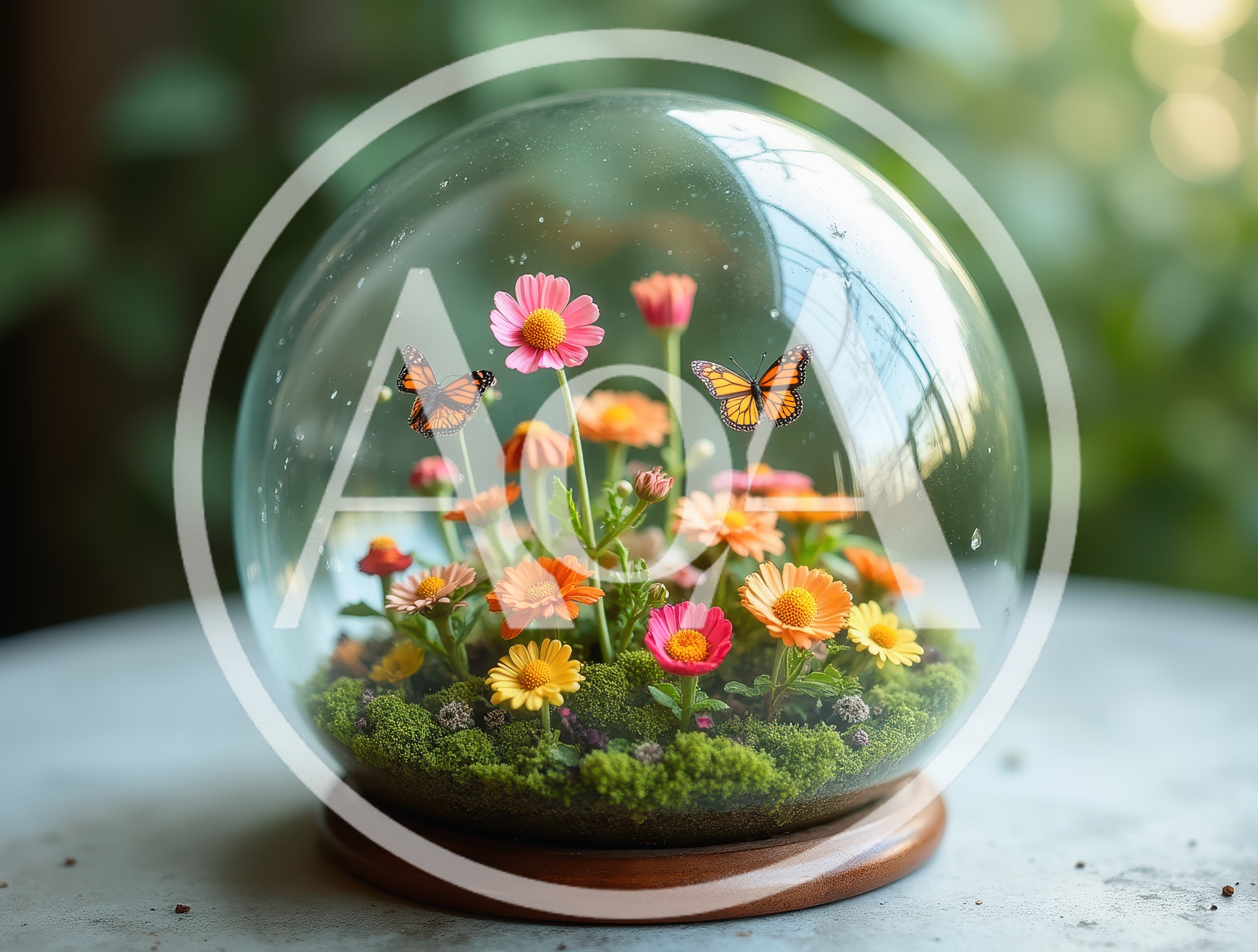 Glass Terrarium With Colorful Flowers And Monarch Butterflies