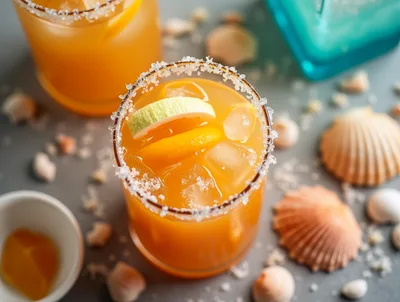 Two Glasses Of Refreshing Orange Cocktail With Sea Shells
