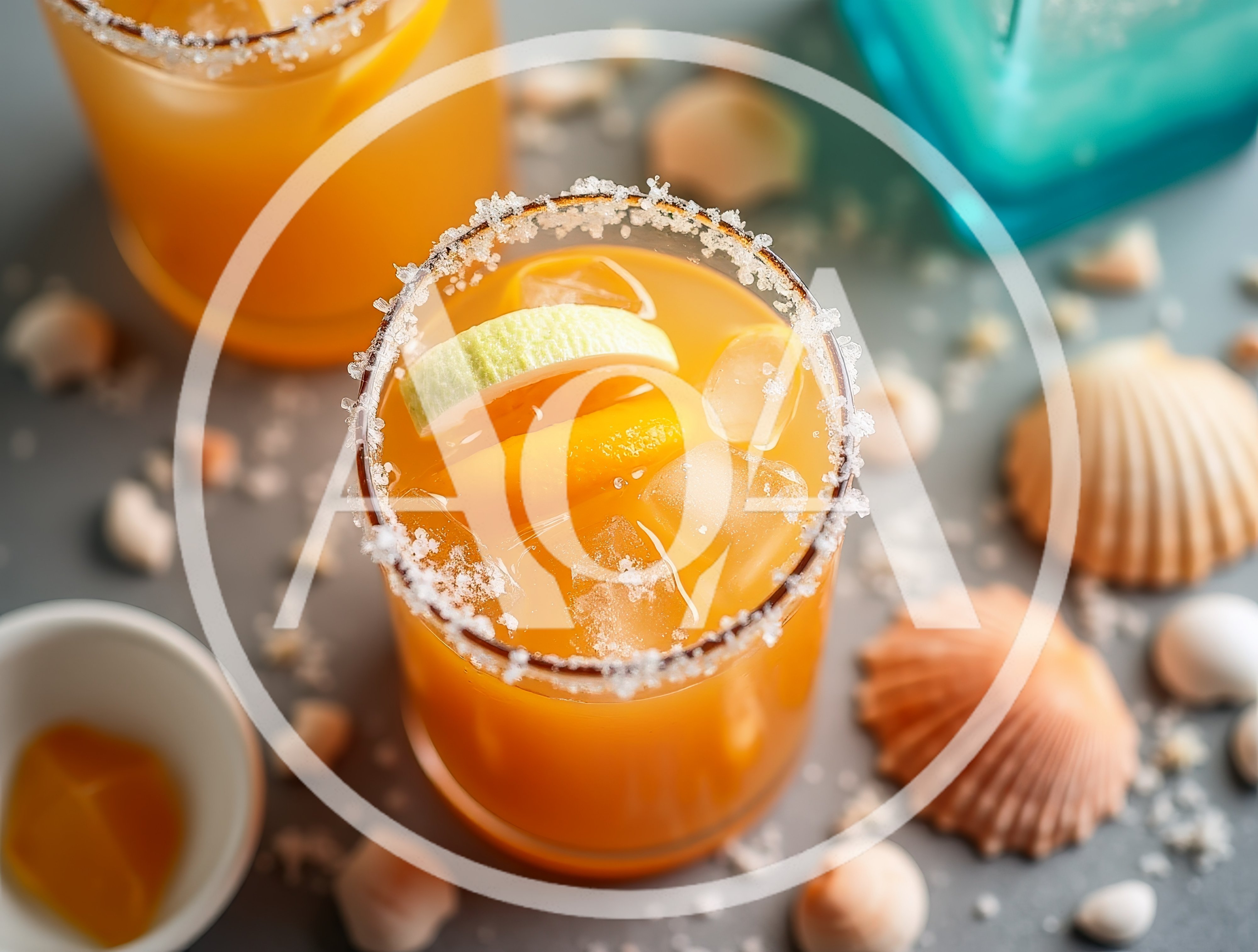Two Glasses Of Refreshing Orange Cocktail With Sea Shells