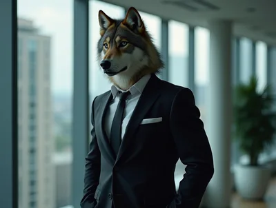 Anthropomorphic Wolf Businessman Standing In Modern Office
