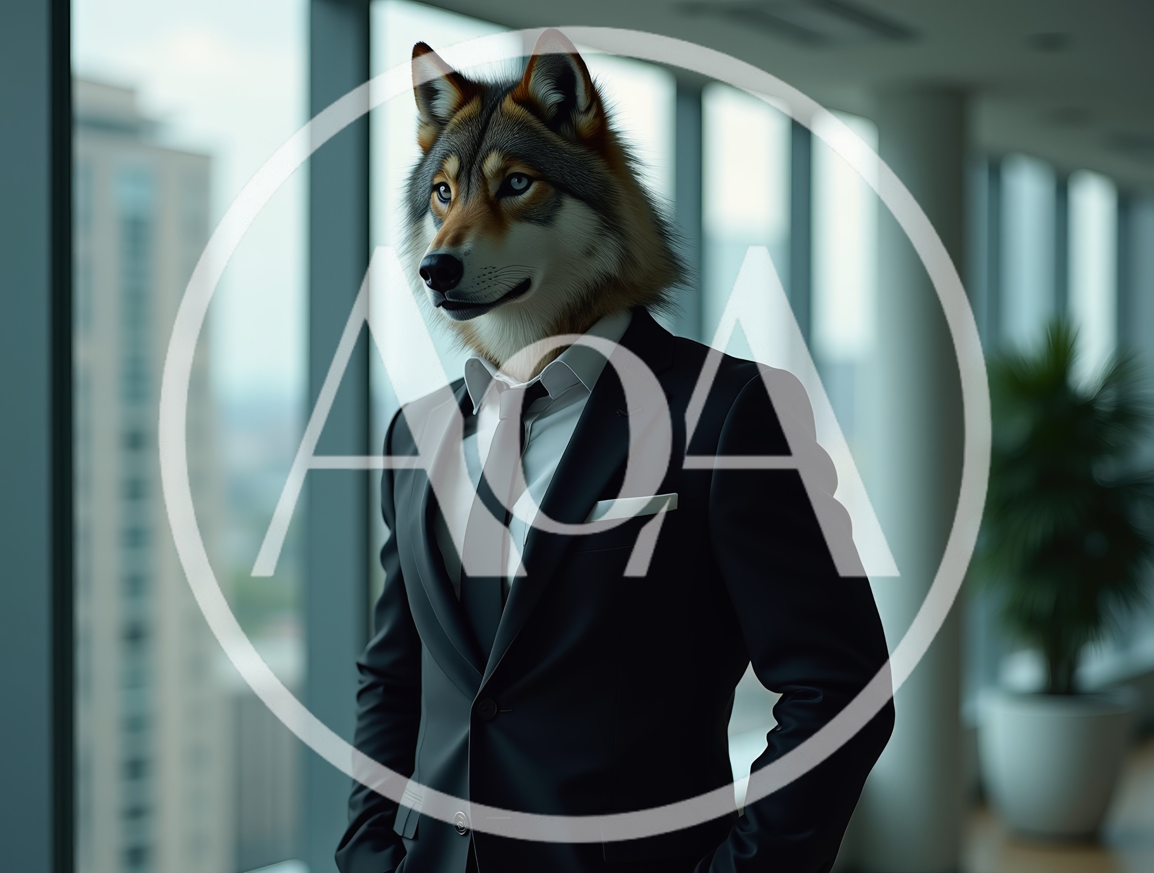 Anthropomorphic Wolf Businessman Standing In Modern Office