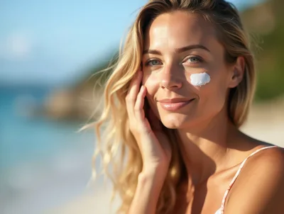 Young Woman Applying Sunscreen On Beach