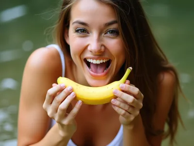 Young Woman Holding A Banana Near Her Mouth