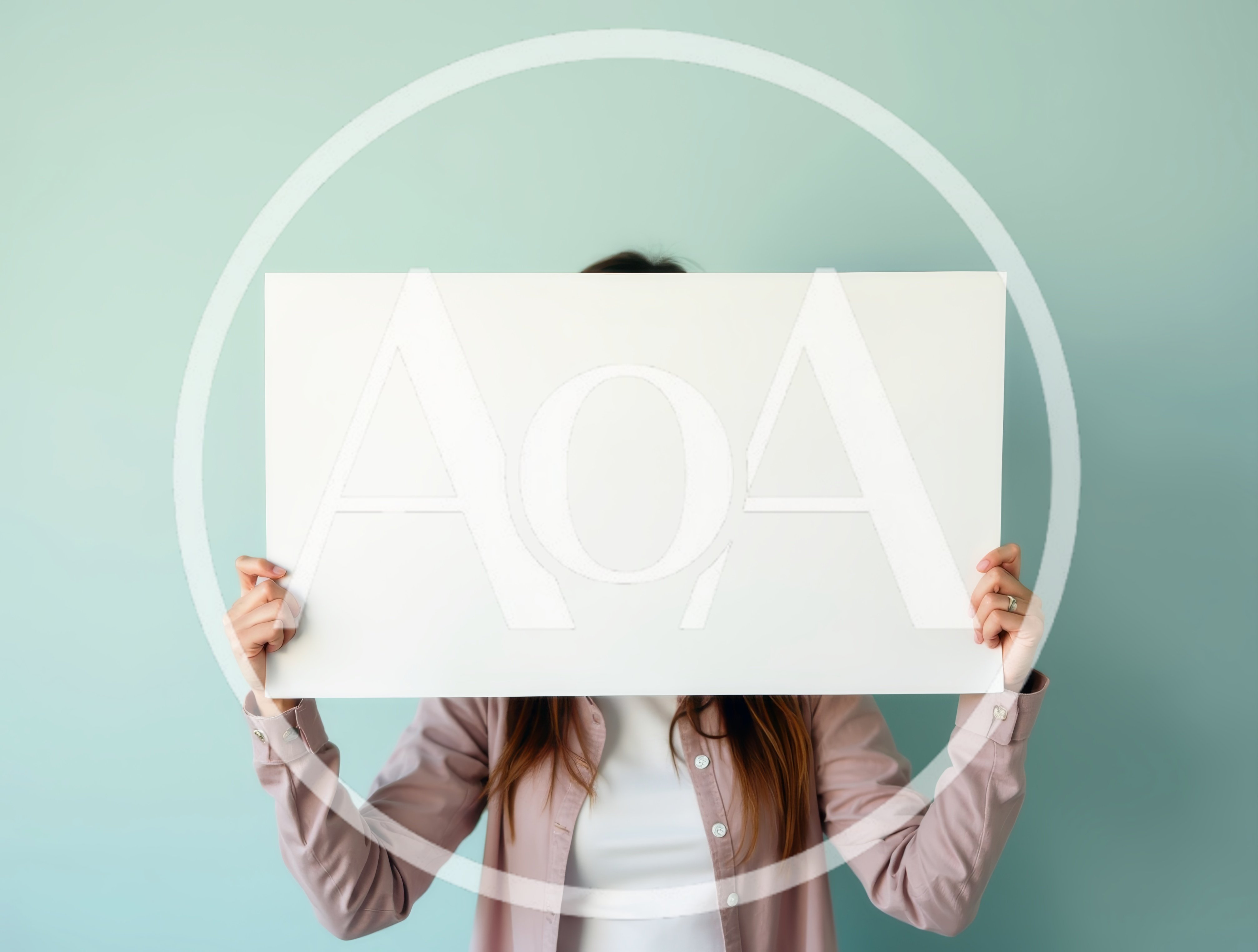 Woman Holding Blank White Sign Against Blue Background