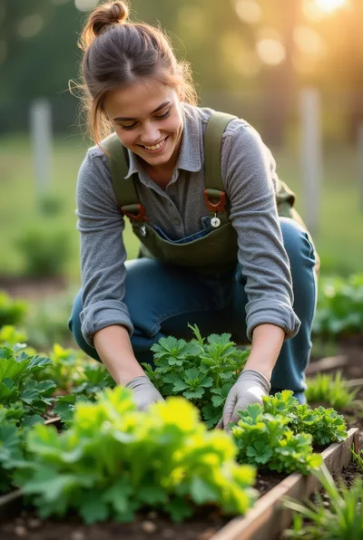 Young Woman Gardening In A Sunny Vegetable Patch