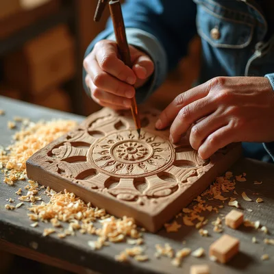 Artisan Hand Carving Intricate Wooden Mandala Design