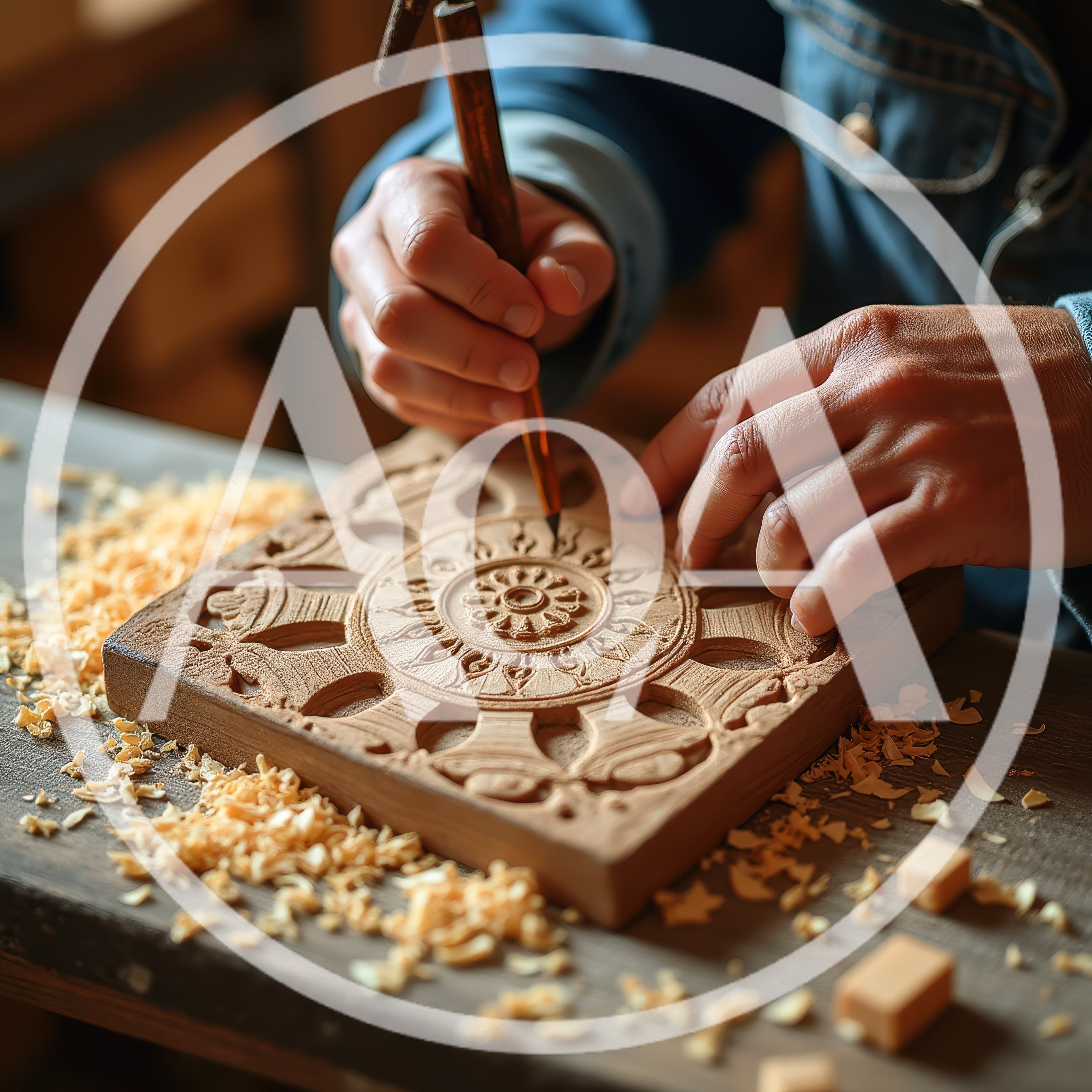 Artisan Hand Carving Intricate Wooden Mandala Design