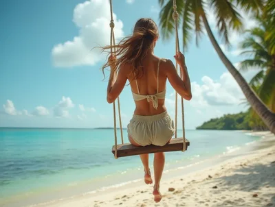 Woman Sitting On A Beach Swing Overlooking The Ocean