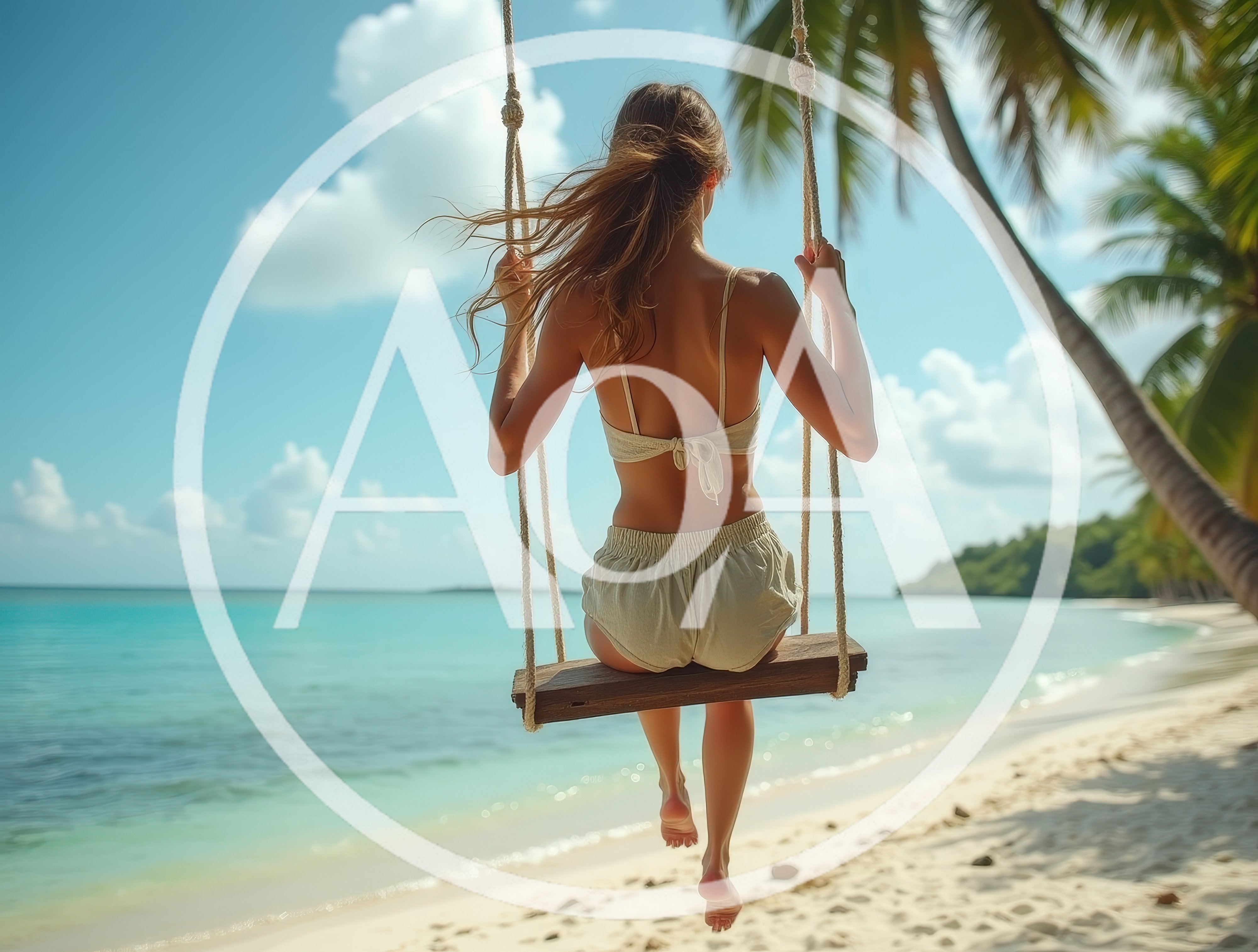 Woman Sitting On A Beach Swing Overlooking The Ocean