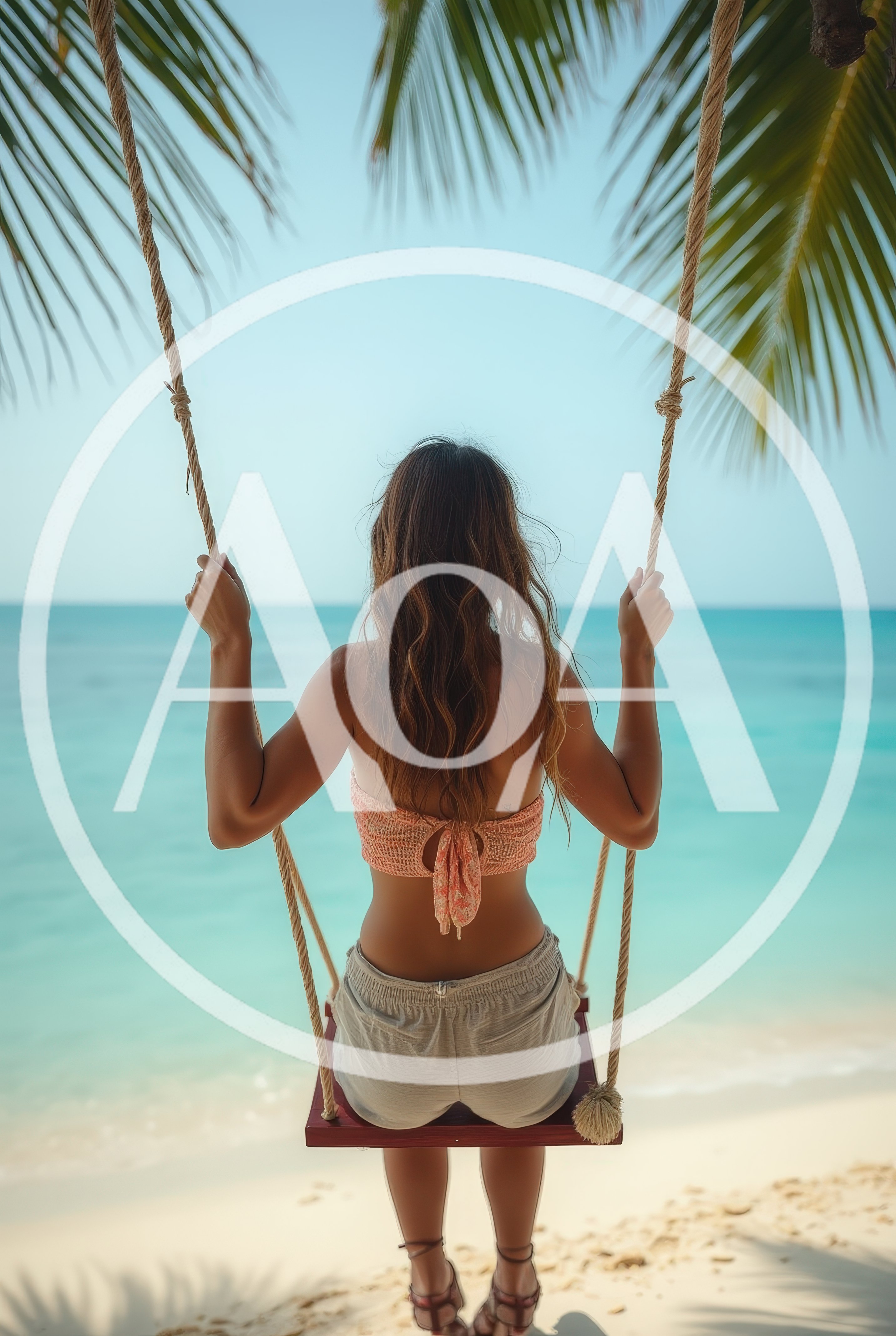 Woman Sitting On A Tropical Beach Swing