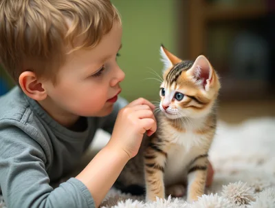 Young Boy Gently Petting A Small Tabby Kitten
