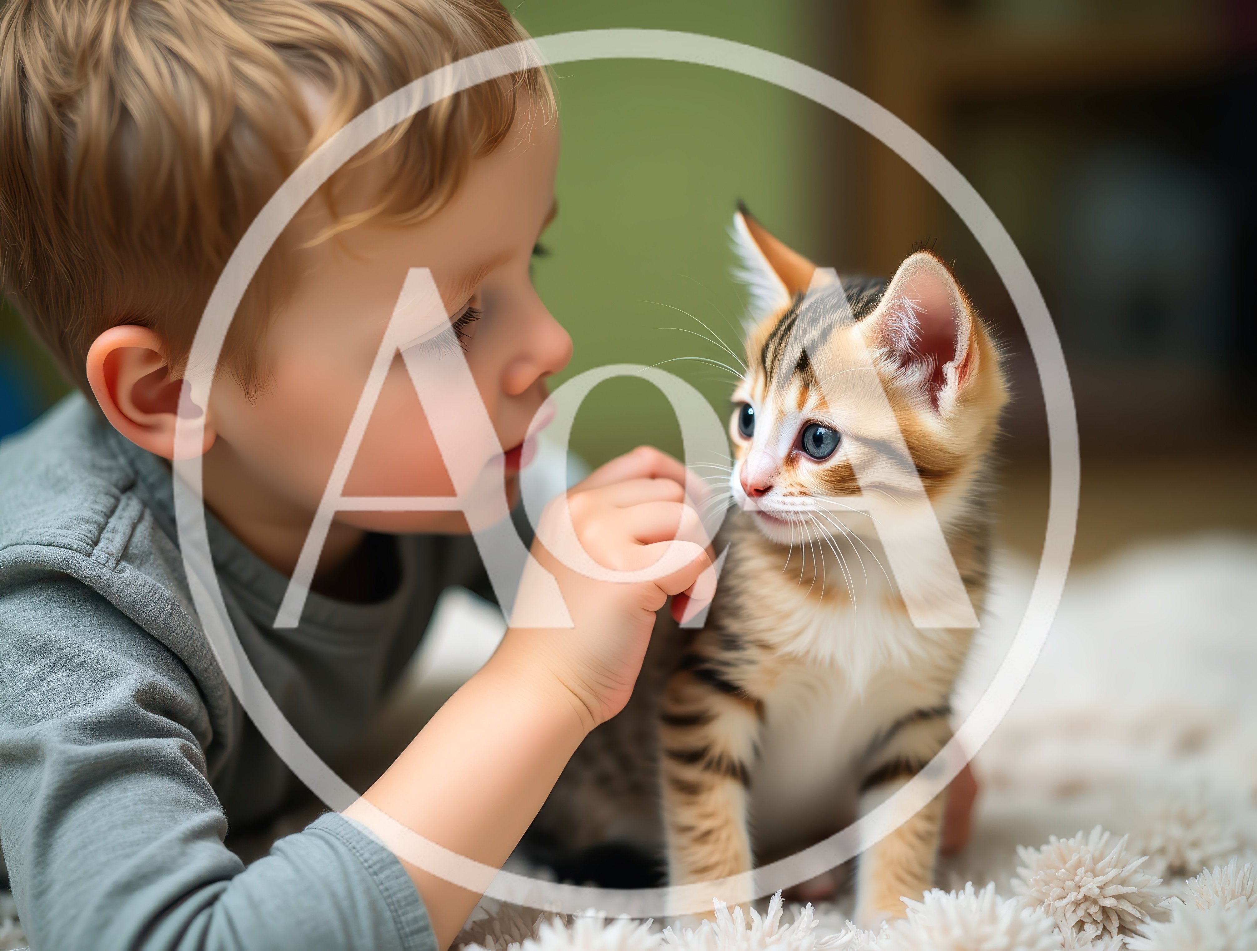 Young Boy Gently Petting A Small Tabby Kitten
