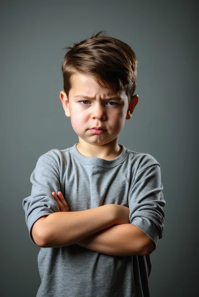 Portrait of an Angry Young Boy with Crossed Arms