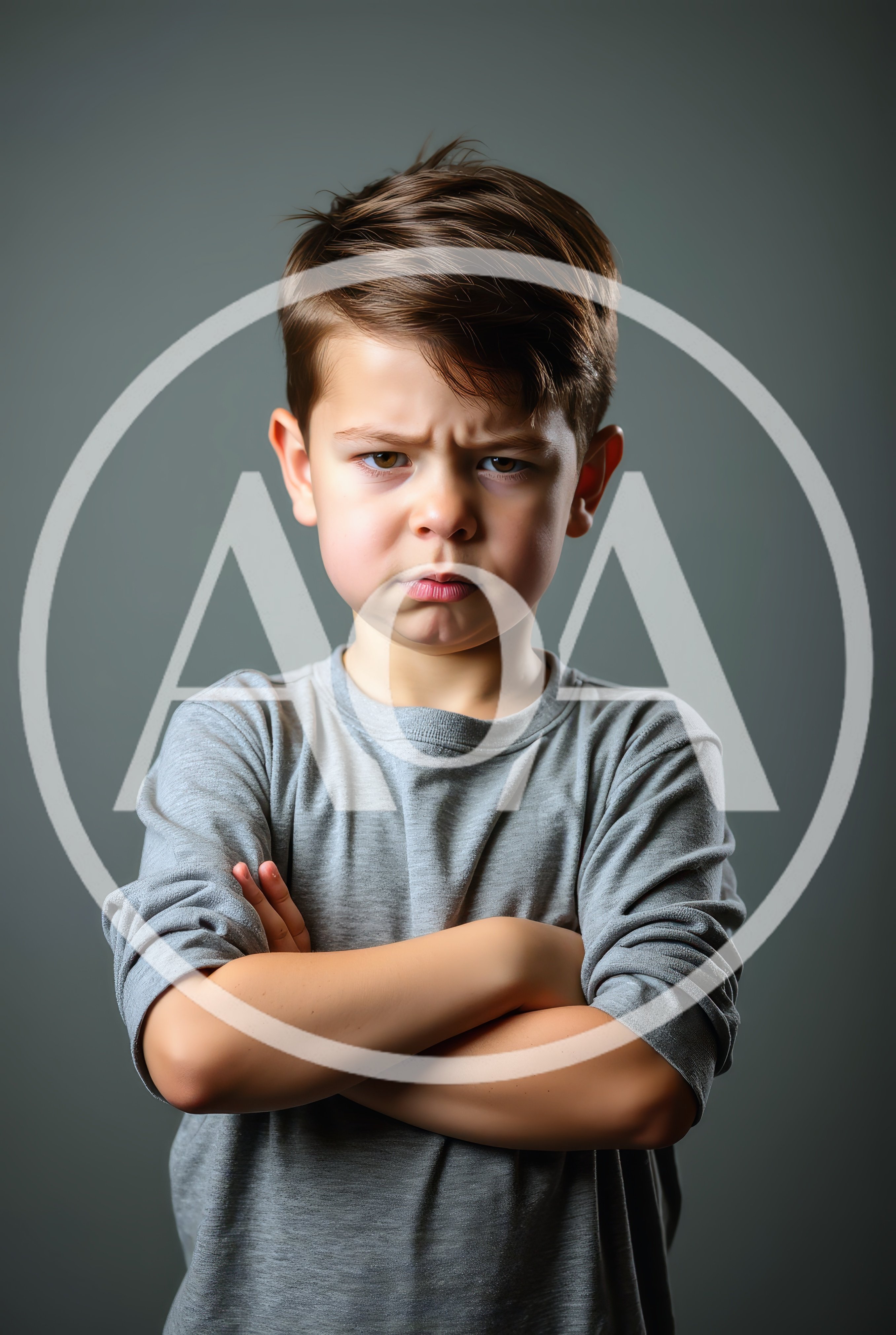 Portrait of an Angry Young Boy with Crossed Arms