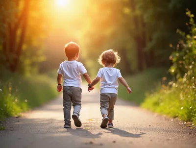 Two Young Children Walking Hand In Hand Outdoors