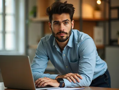 Young Professional Man Working On Laptop In Modern Office