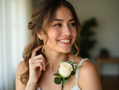 Smiling Bride With White Rose Boutonniere