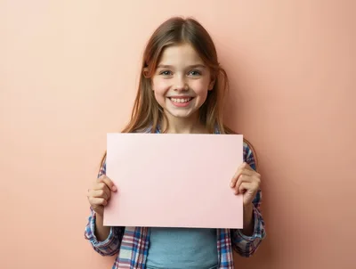 Smiling Young Girl Holding Blank Pink Sign