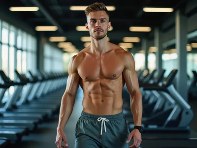 Muscular Man Walking Through A Modern Gym