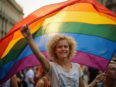 Young Woman Holding Rainbow Pride Flag at Parade