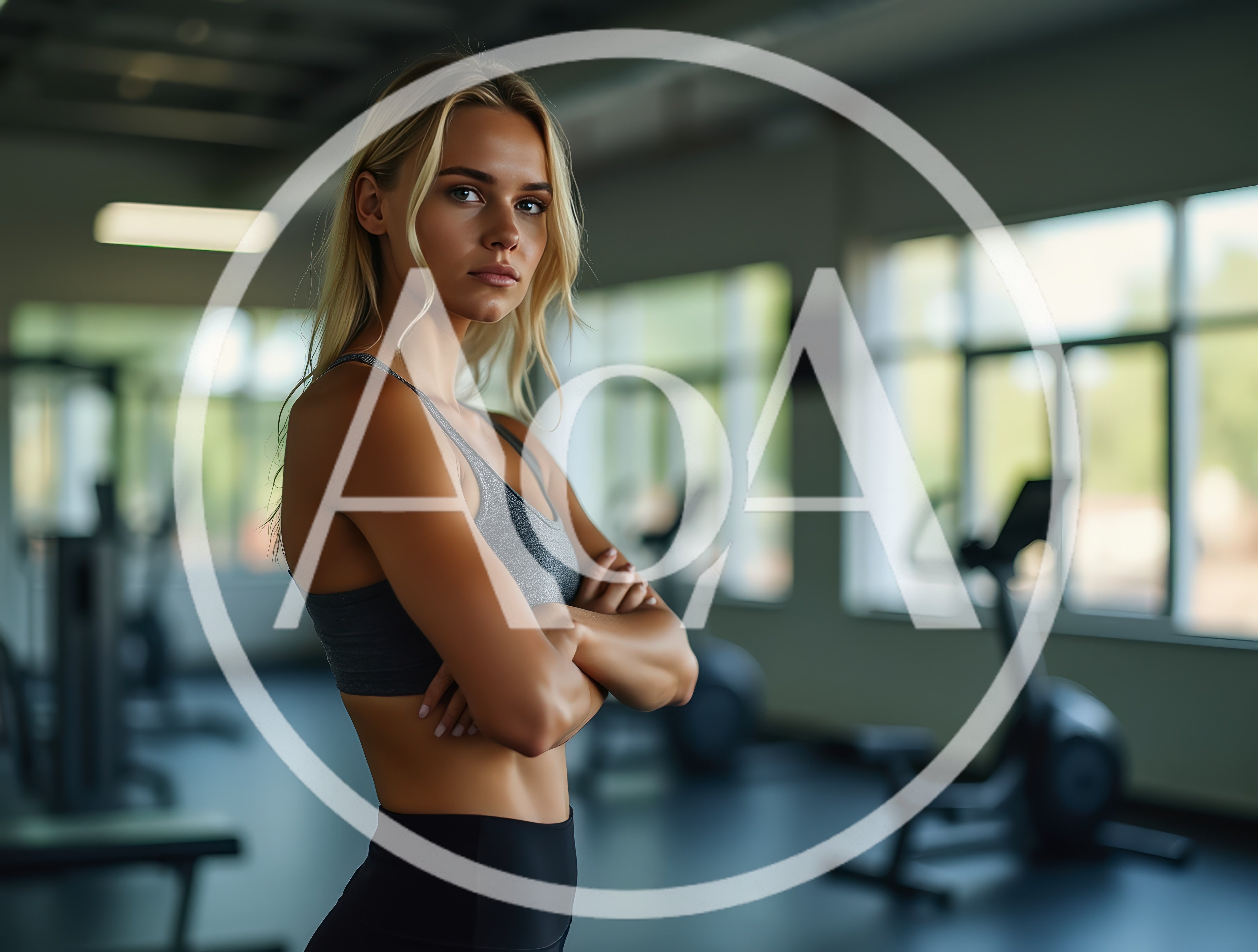 Fit Blonde Woman Standing With Arms Crossed In Gym