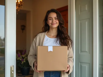 Young Woman Holding A Cardboard Package At Her Door