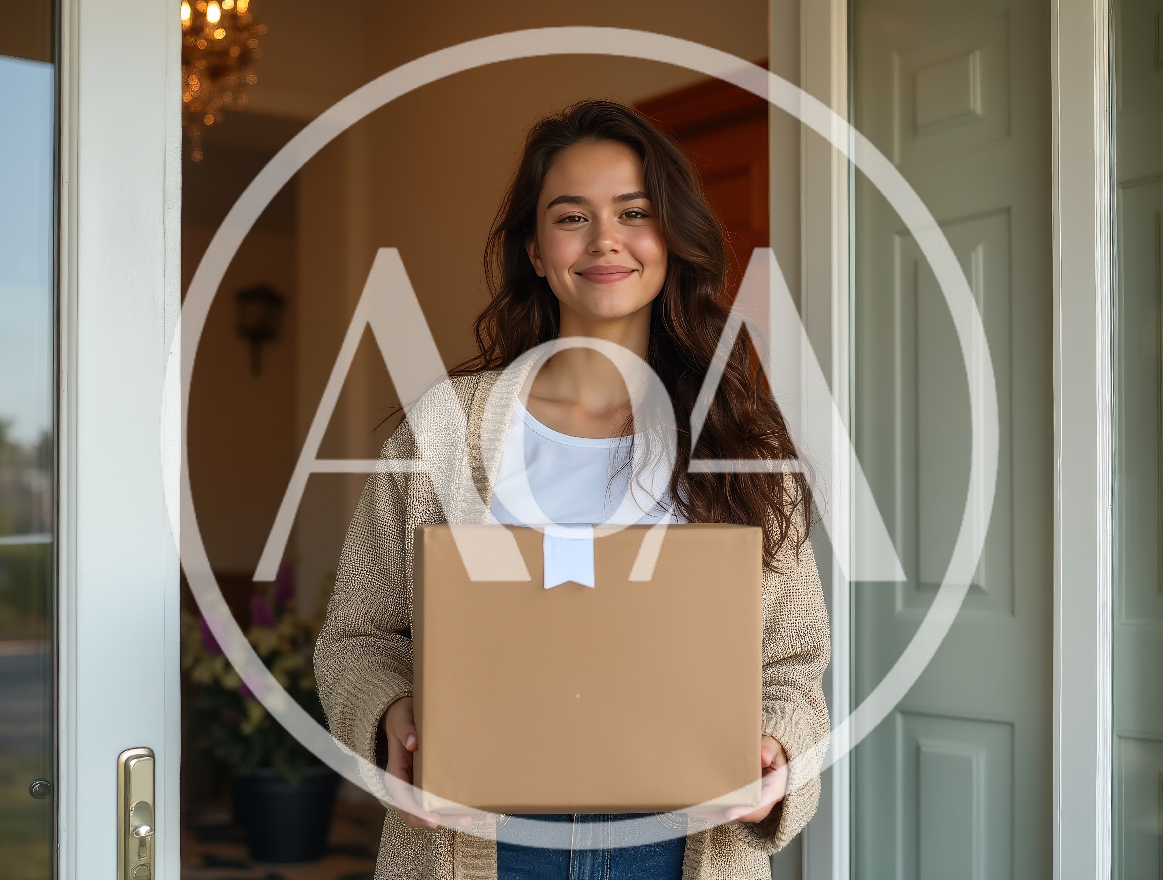 Young Woman Holding A Cardboard Package At Her Door