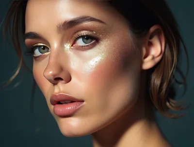 Close Up Portrait Of A Woman With Golden Makeup