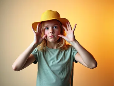 Young Girl Wearing Yellow Hat Posing With Hands