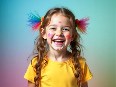 Happy Young Girl With Colorful Hair Accessories And Face Paint