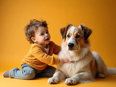 Toddler Boy Petting A Large Fluffy Dog