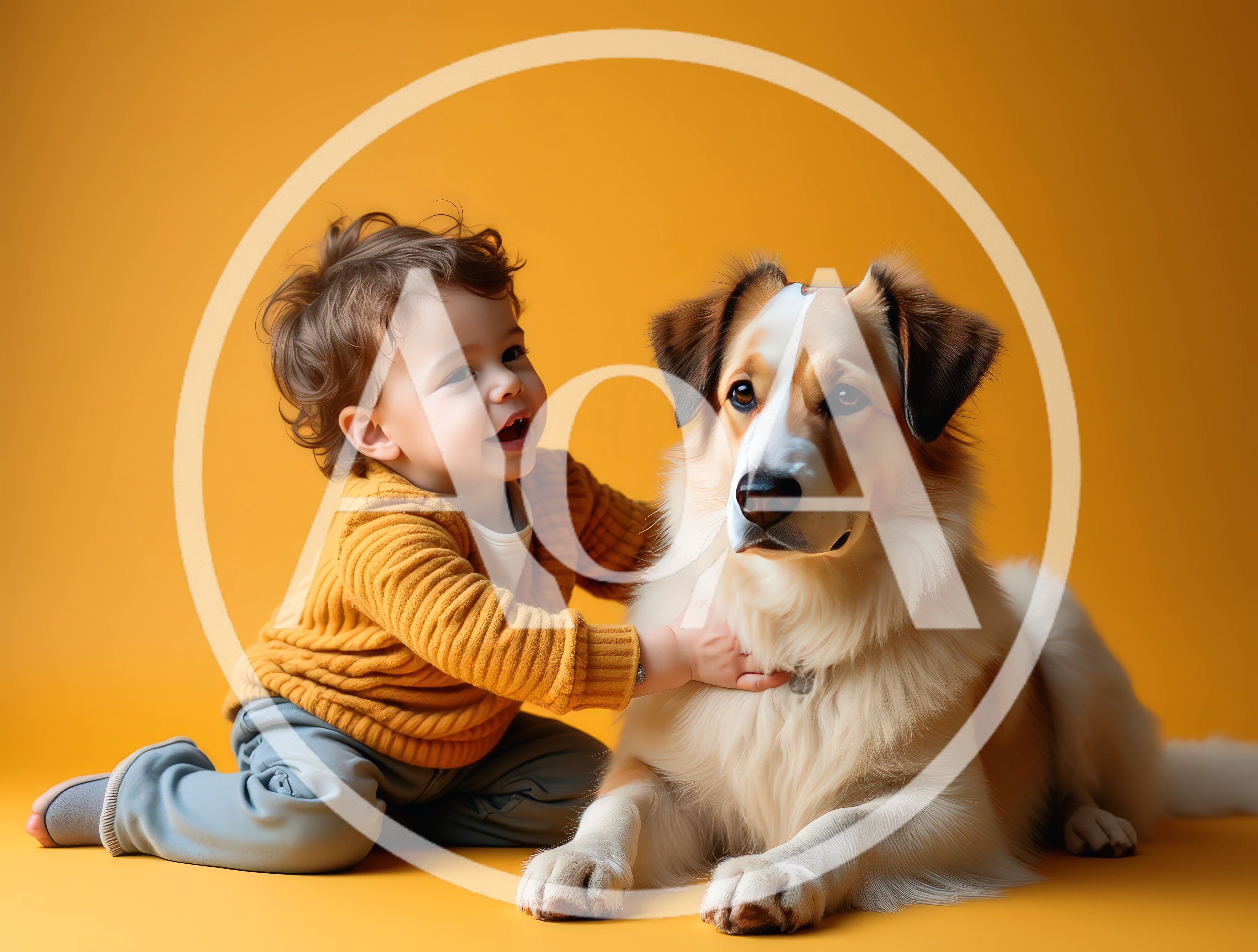 Toddler Boy Petting A Large Fluffy Dog