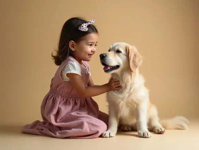 Little Girl Petting Her Golden Retriever Dog