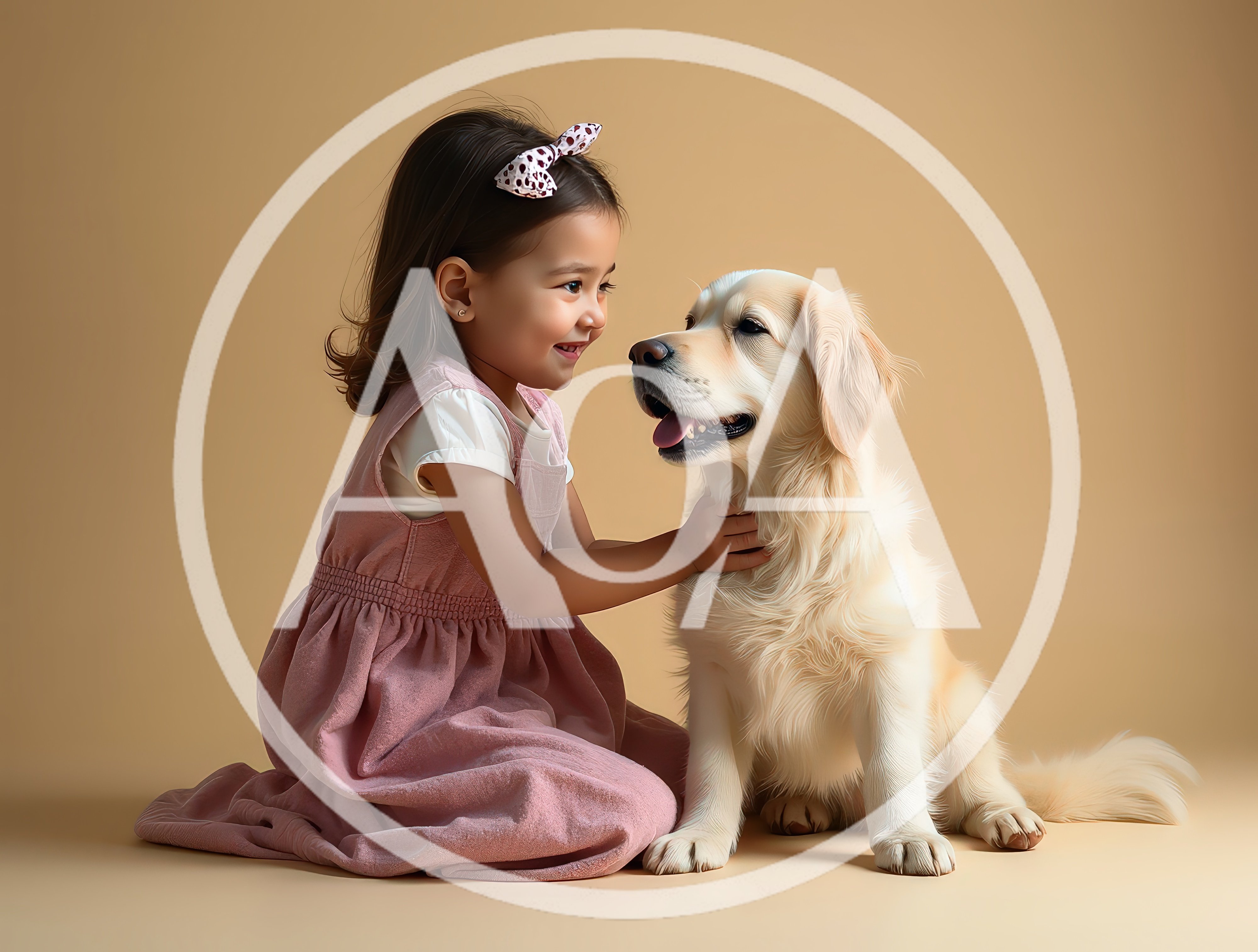 Little Girl Petting Her Golden Retriever Dog