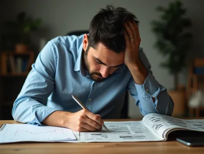 Stressed Man Analyzing Financial Data At Desk