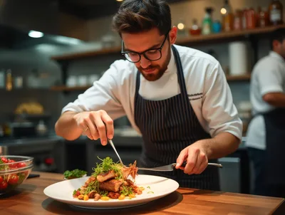 Professional Chef Plating Gourmet Dish In Restaurant Kitchen