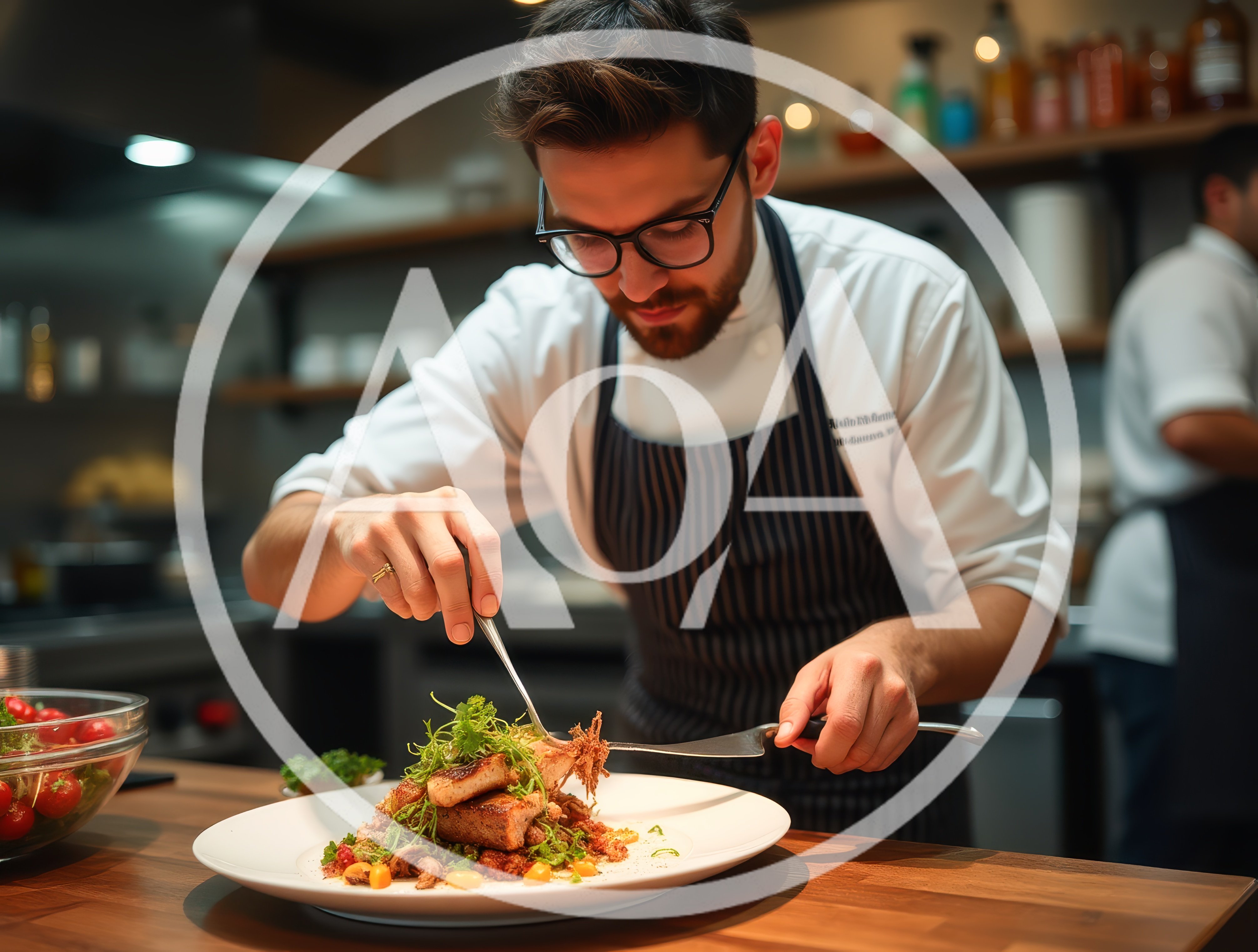 Professional Chef Plating Gourmet Dish In Restaurant Kitchen