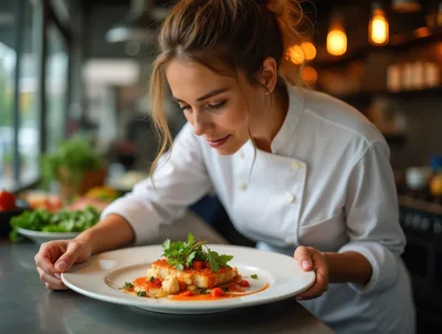 Professional Chef Plating Gourmet Dish In Restaurant Kitchen