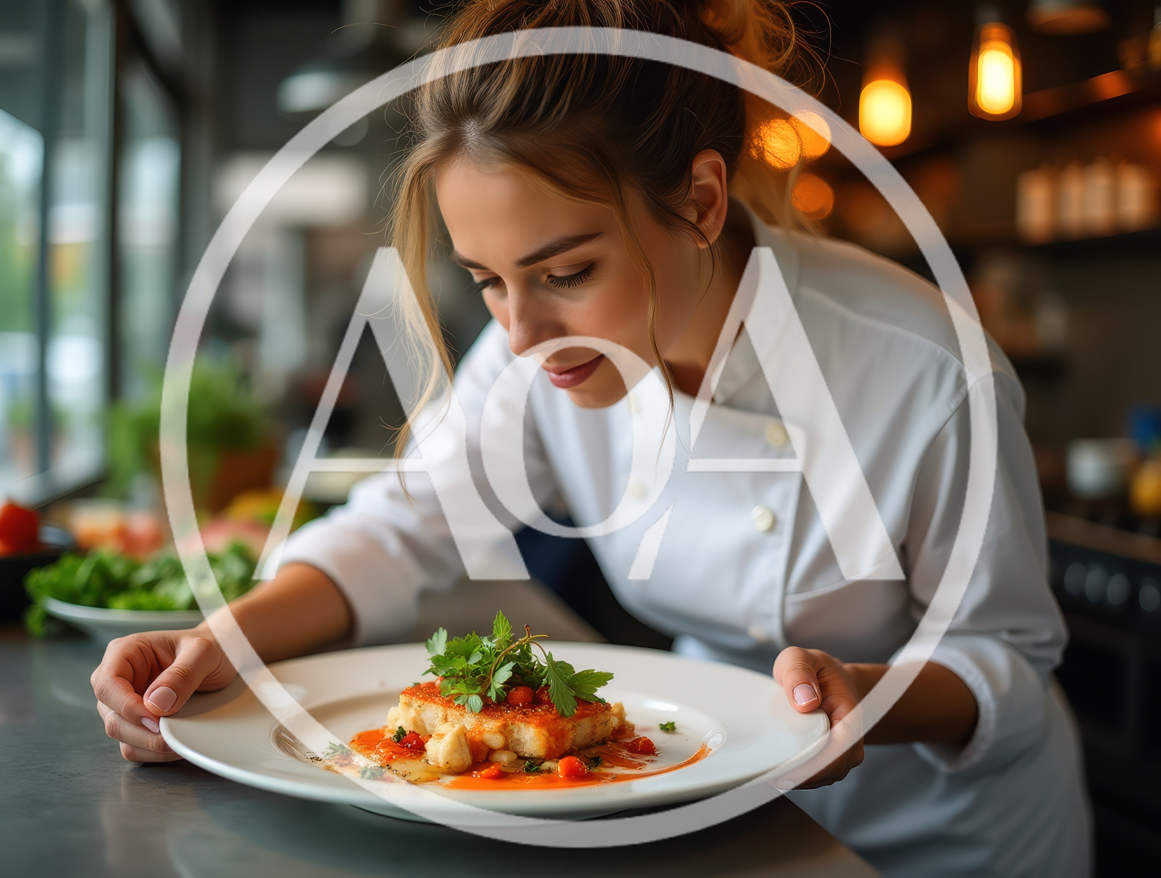 Professional Chef Plating Gourmet Dish In Restaurant Kitchen