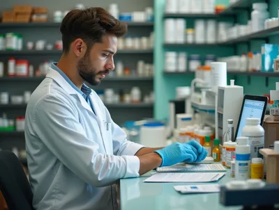Pharmacist Working At A Pharmacy Counter