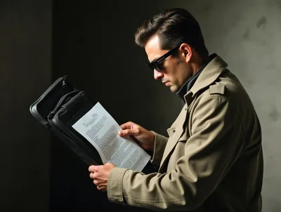 Man In Trench Coat Examining Documents From Briefcase