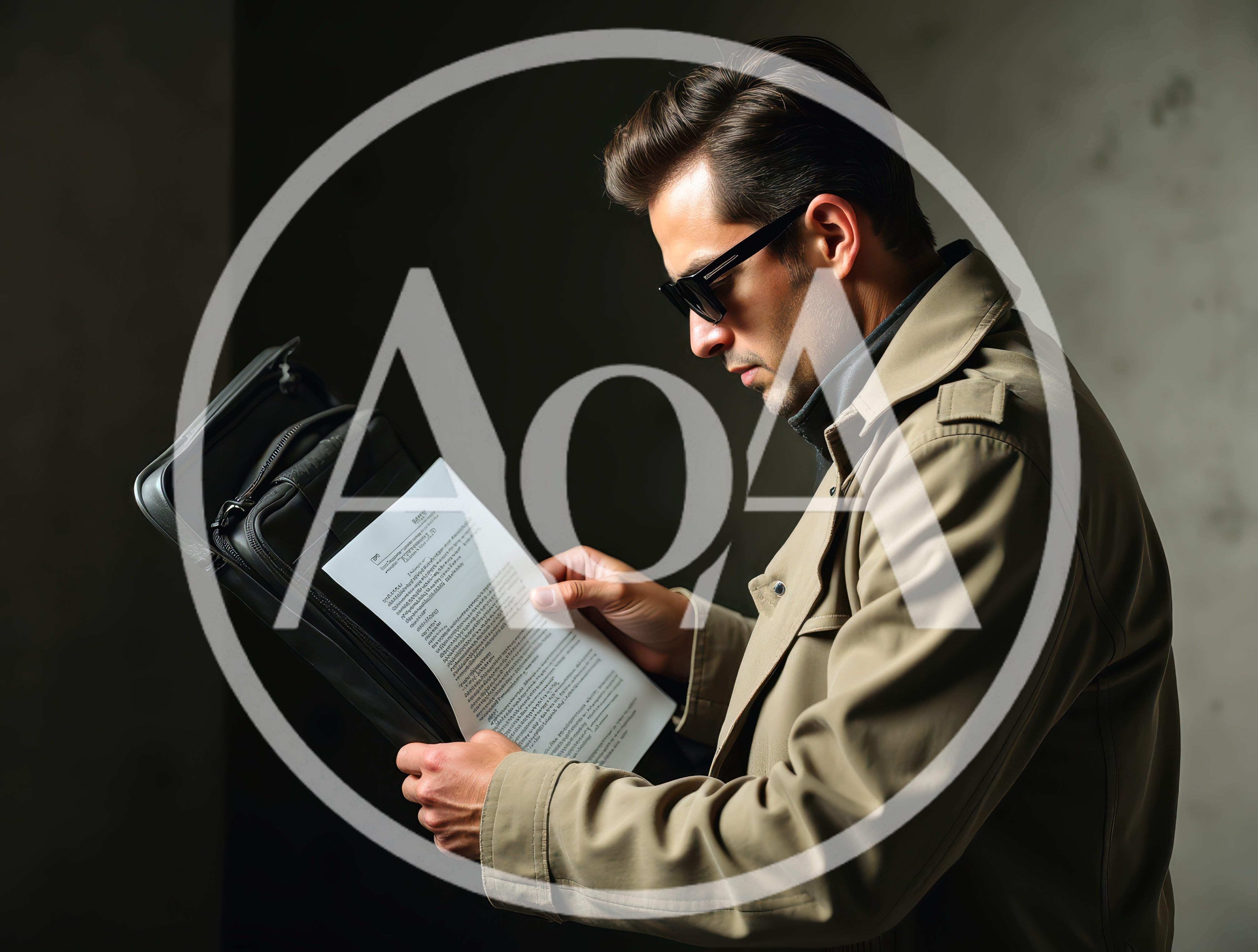 Man In Trench Coat Examining Documents From Briefcase