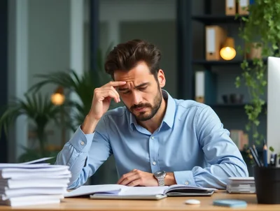Stressed Businessman Working With Documents At Office Desk