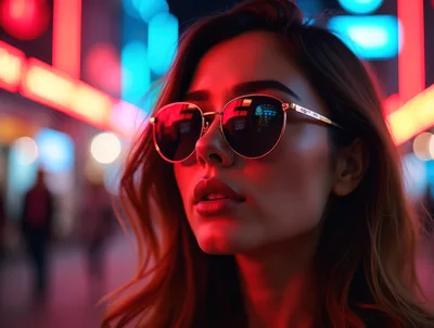 Young Woman Wearing Sunglasses In Neon City Lights