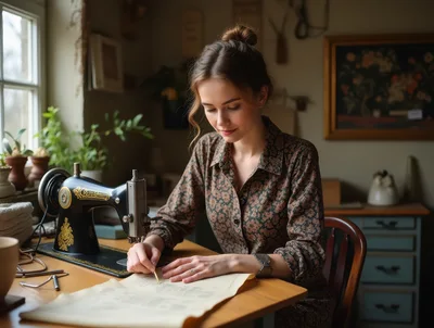 Young Woman Working With Sewing Pattern At Desk