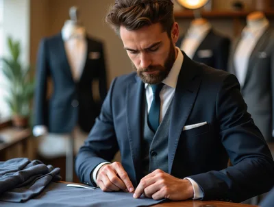 Professional Tailor Working On Fabric In Bespoke Shop