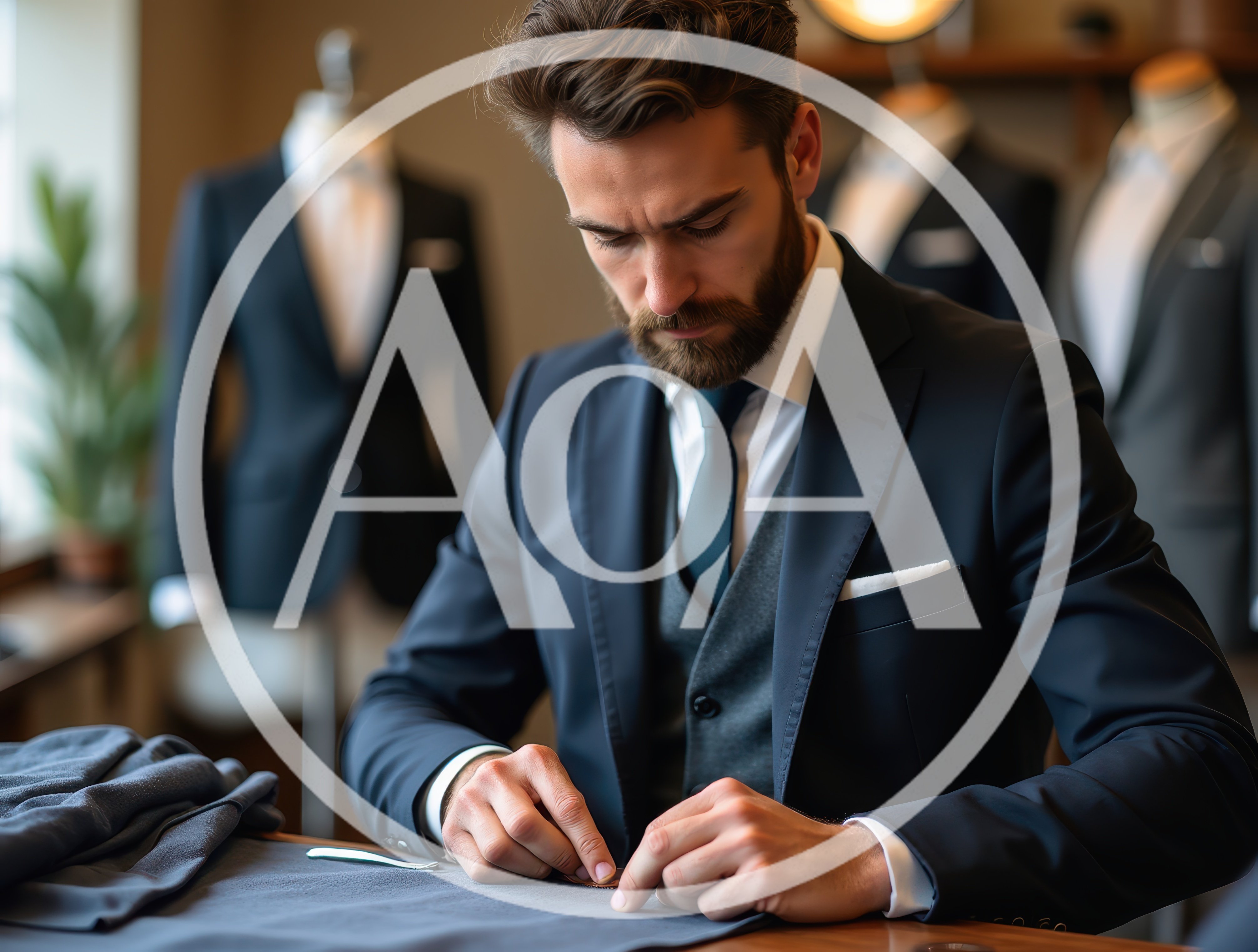 Professional Tailor Working On Fabric In Bespoke Shop