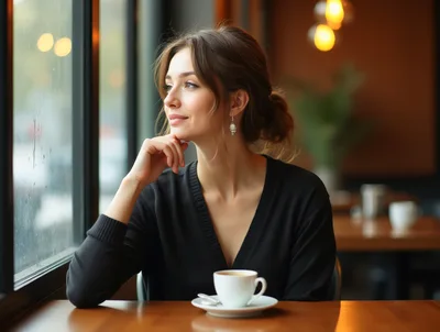 Young Woman Sitting At A Cafe Window