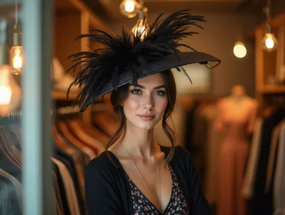 Elegant Woman Wearing A Feathered Hat In A Boutique